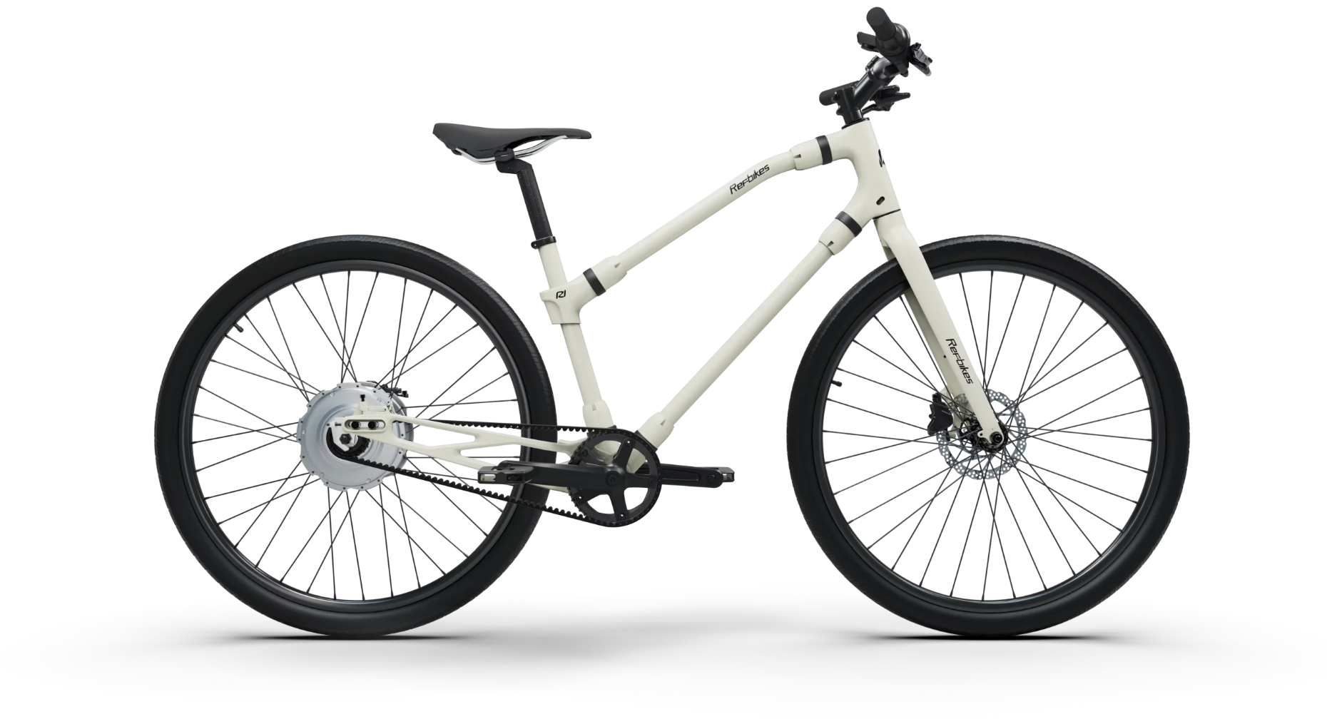 Ivory white Essential Boost bike side view, showcasing its modern design.
