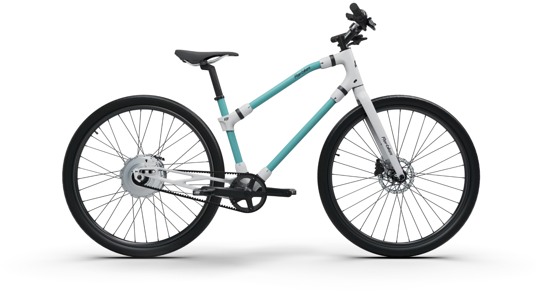 Two-tone Essential Boost bike with cyan and white color scheme.