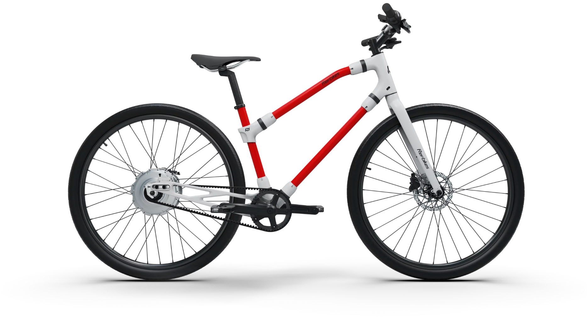 Red and white Essential Boost bicycle, ideal for urban commuting.
