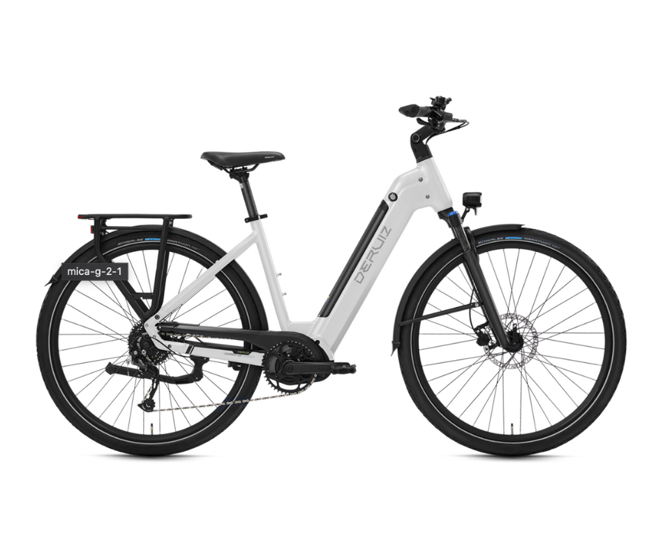 Side view of the Mica-G ebike featuring its clean white design, electric motor, and efficient battery pack.