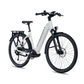 Angled front view of a white Mica-G electric bike showing off its sturdy build and elegant lines for city commuting.