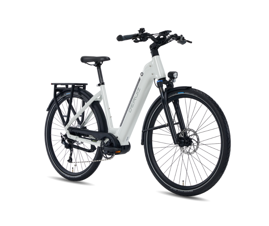 Angled front view of a white Mica-G electric bike showing off its sturdy build and elegant lines for city commuting.