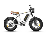 The Engwe M20 in white, a versatile electric bike with fat tires for stability in urban settings.