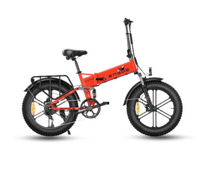 Bold red Engwe Engine X electric bike with folding mechanism, side perspective.