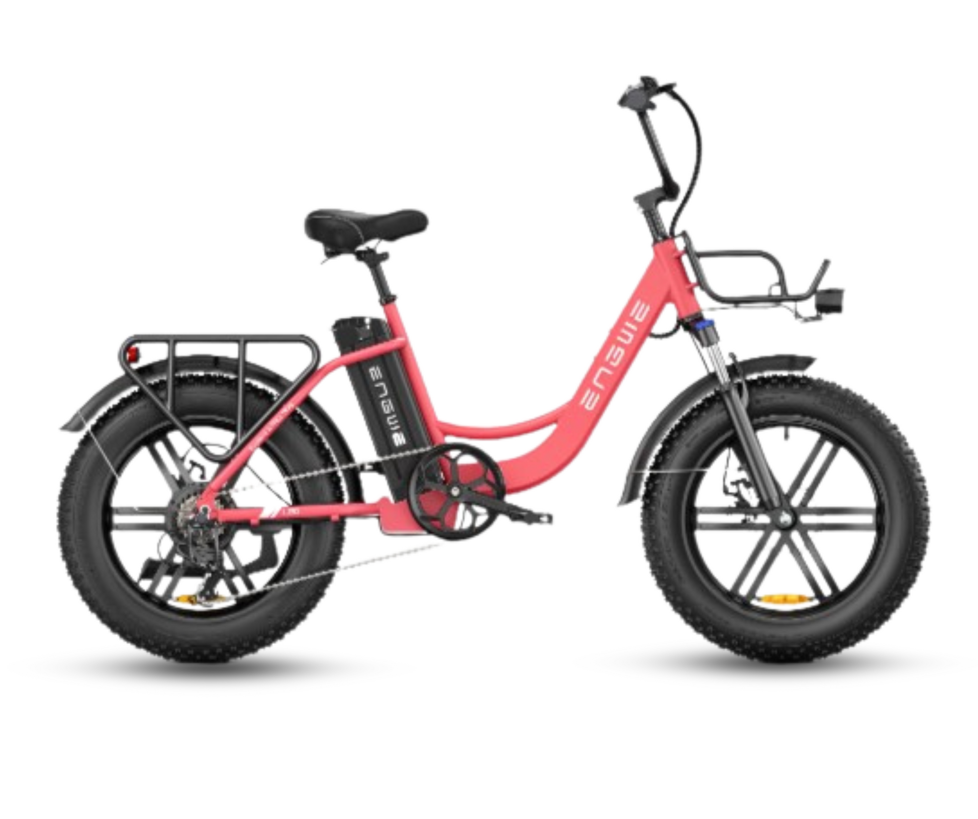 Side view of Engwe L20 electric bike in vibrant pink with full-frame and fat tires.