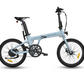 The teal blue Air 20 Folding electric bicycle with black features, side angle. 