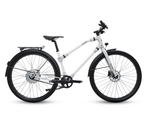 Sleek white Urban Boost Bike with black trim and modern frame design.
