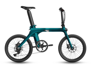 Fiido X ebike displayed in profile, featuring a unique teal frame and integrated battery design for a modern look.