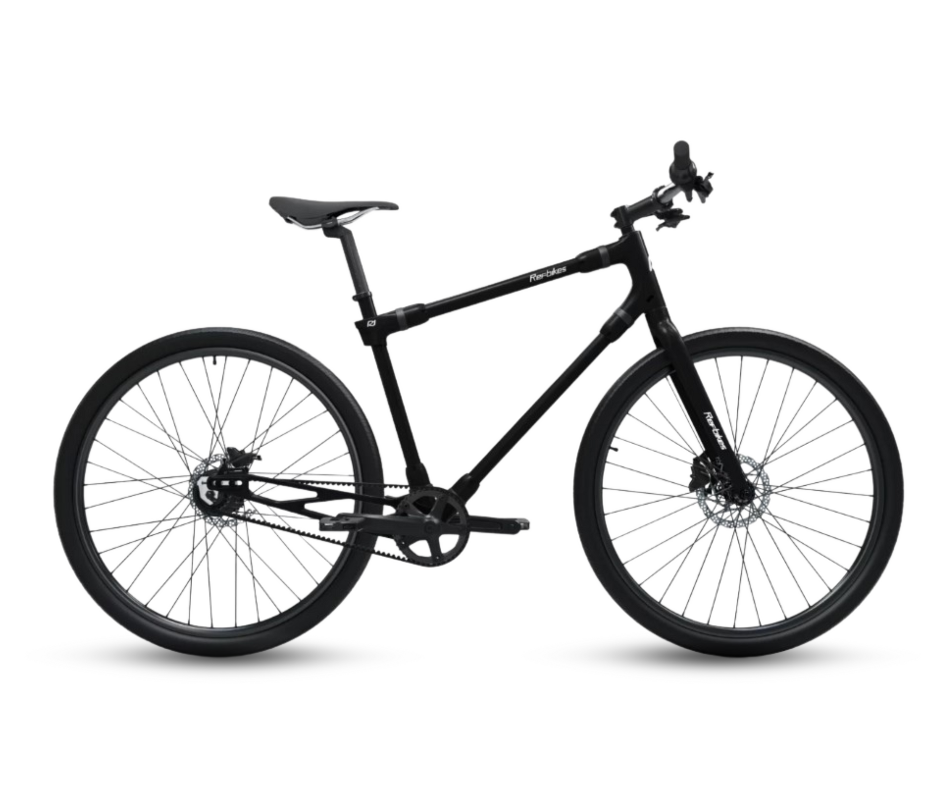 Sleek black Ref Essential bike isolated on white, highlighting its minimalist design and clean lines for city commuting.