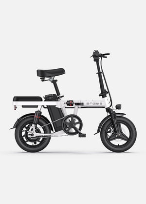 Engwe T14 foldable electric bike in a stylish white and black color scheme, blending technology with contemporary design.