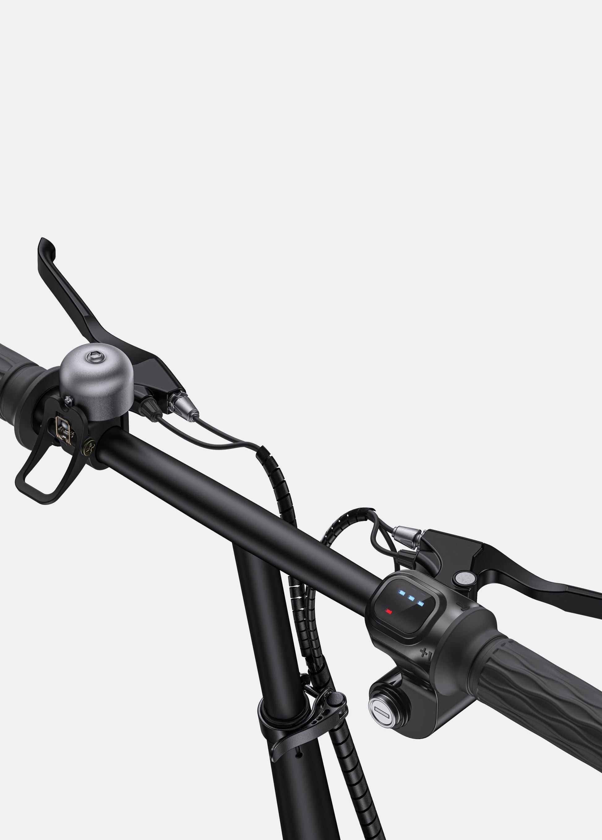 Close-up of Engwe T14 ebike's handlebar and control unit, showcasing the ergonomic design and advanced tech features.