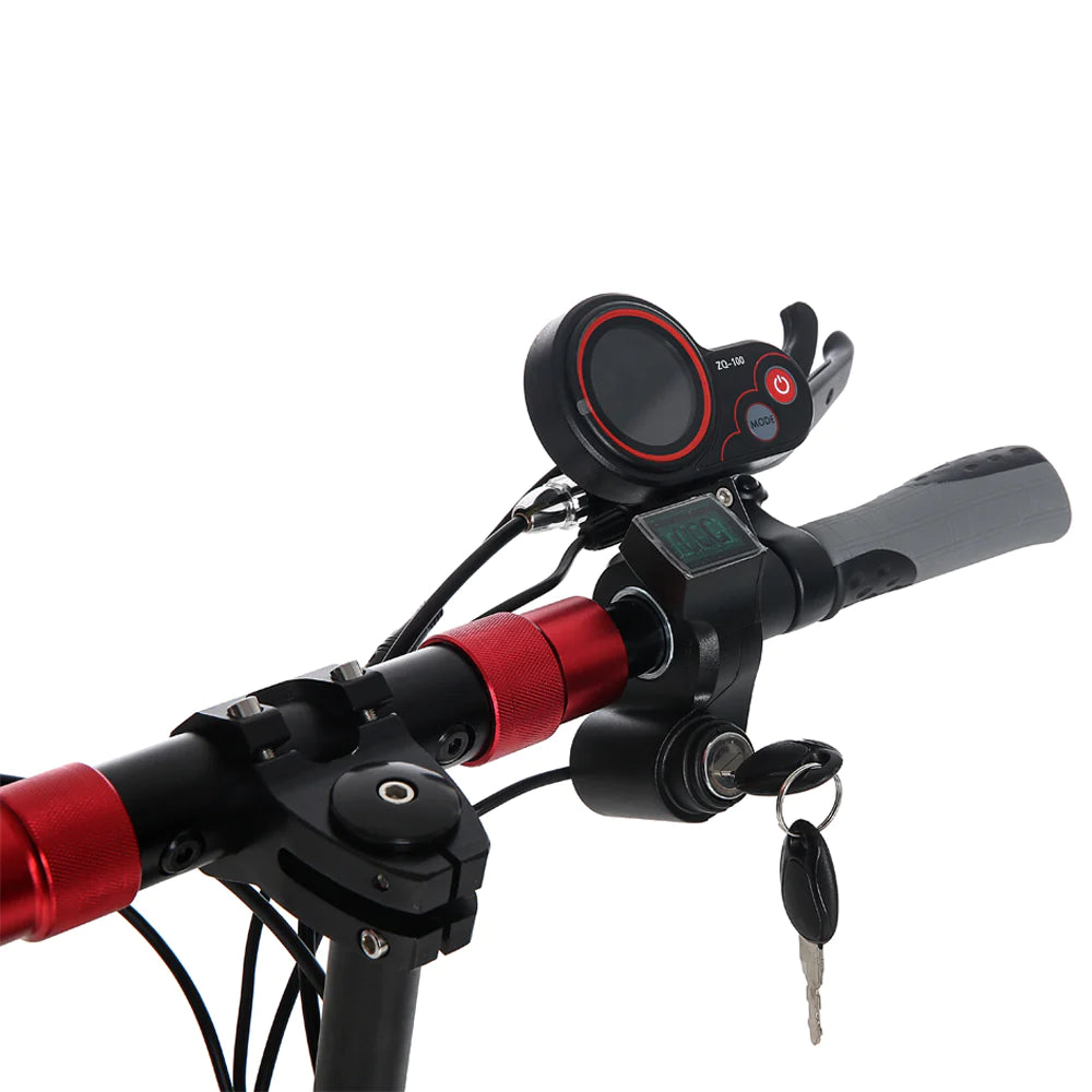 Kugoo M4 Pro e-scooter handlebar with red brake handles and digital display.