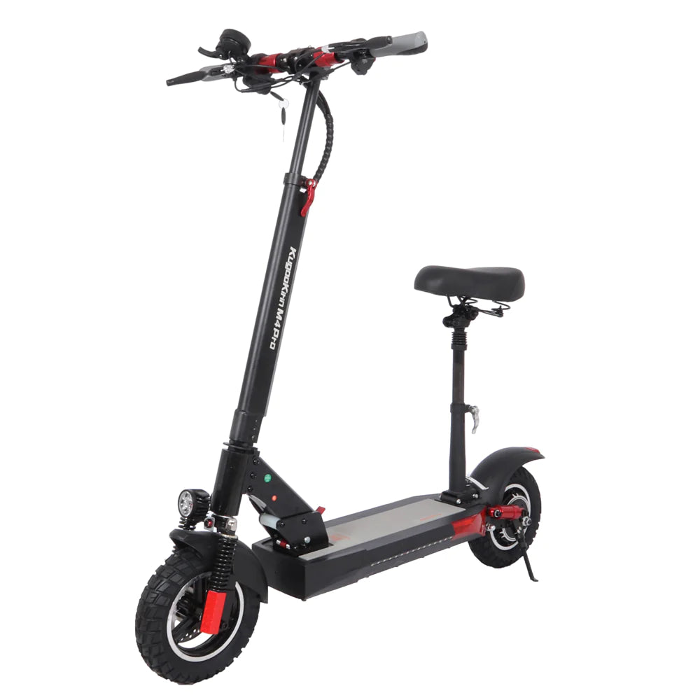 Full profile view of the Kugoo M4 Pro electric scooter standing upright with seat attachment.